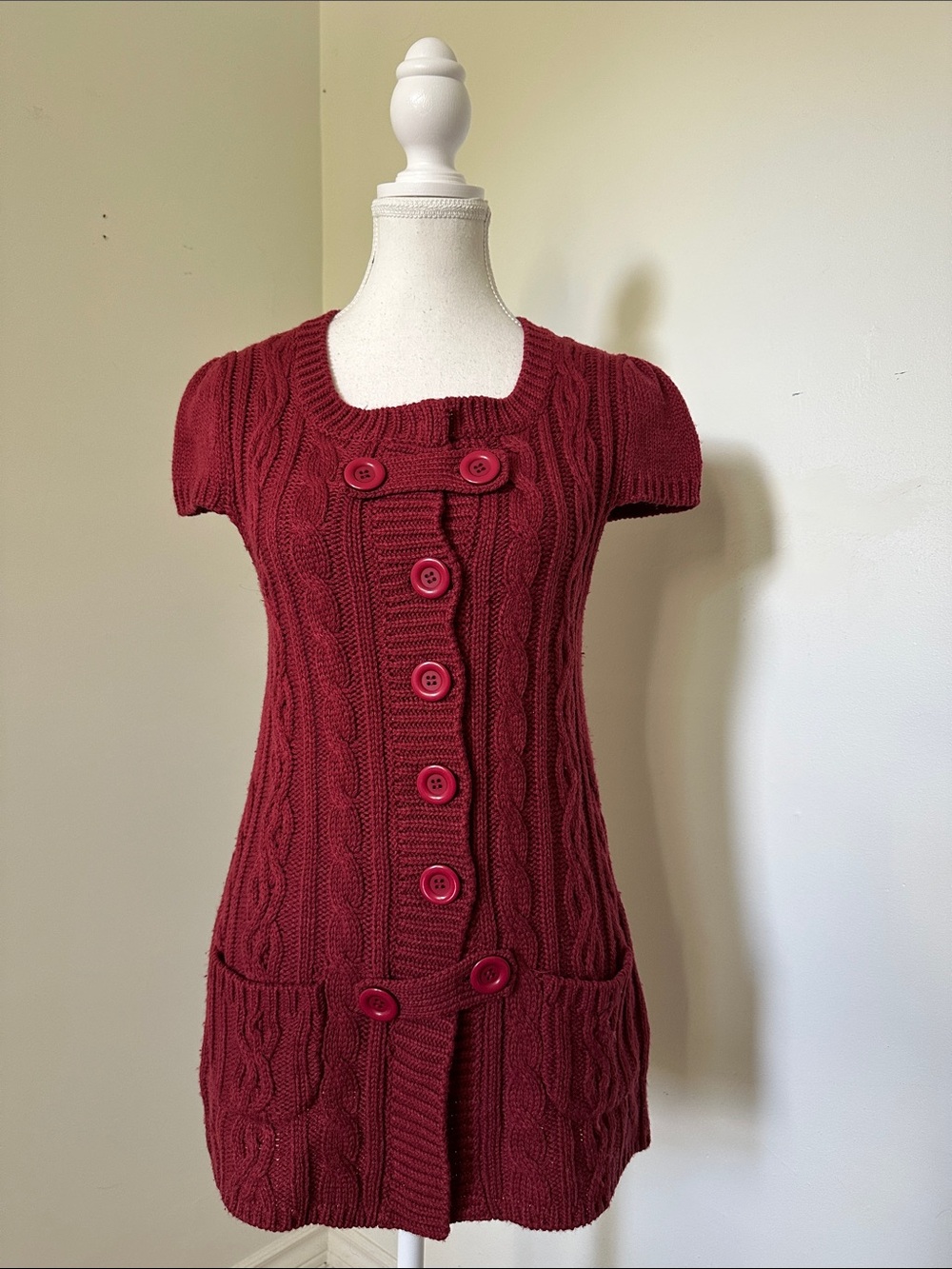 PHILIP RUSSEL Red Y2K Skater Cable Knit Long Lined Short Sleeve Cardigan Small